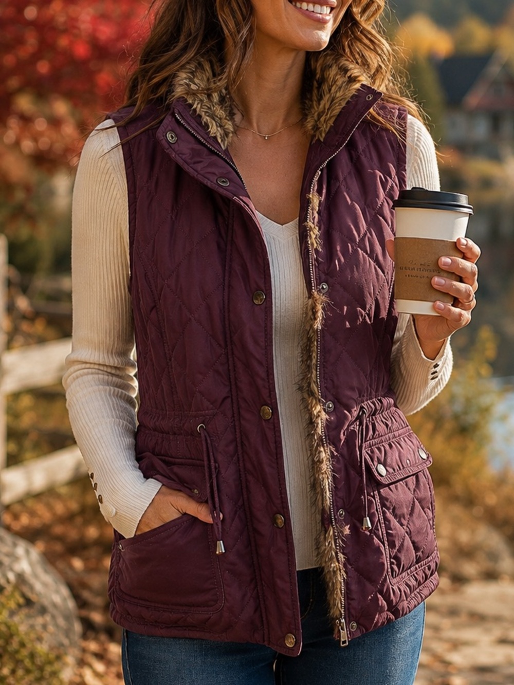 Adrienne Vittadini Burgundy Quilted Utility Vest Faux Fur Lined Snap Zip Medium - Picture 1 of 11